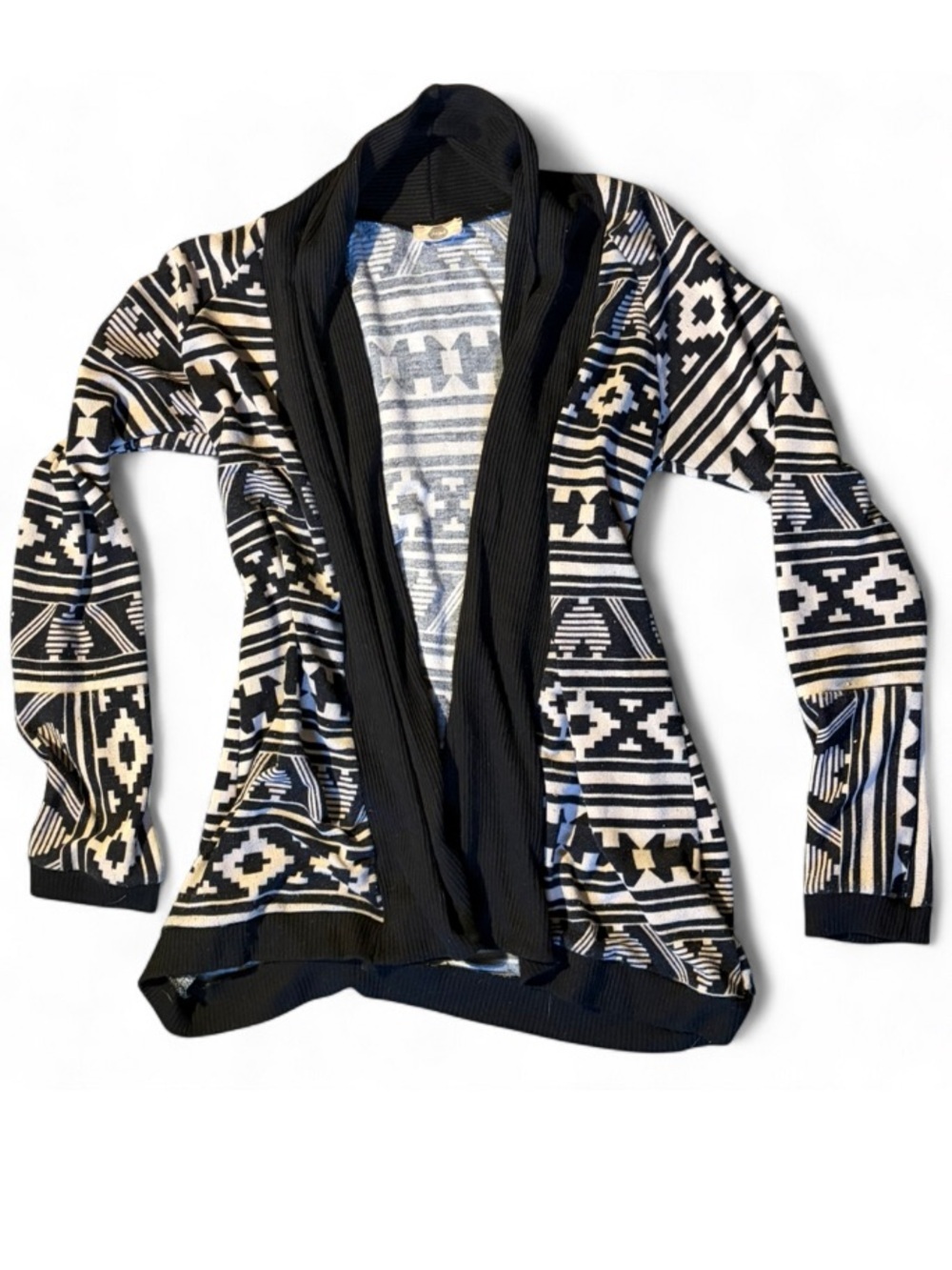 J&M Black White Tribal Print Cardigan Sweater Jacket Size S/M
